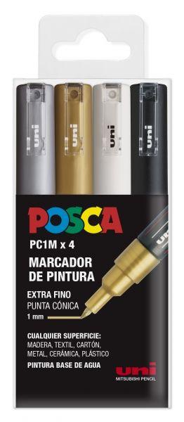 Marcadores de Pintura POSCA PC-1M (Ponta Fina 0,7 mm - Pack de 4 - Prateado, Dourado, Branco e Preto)