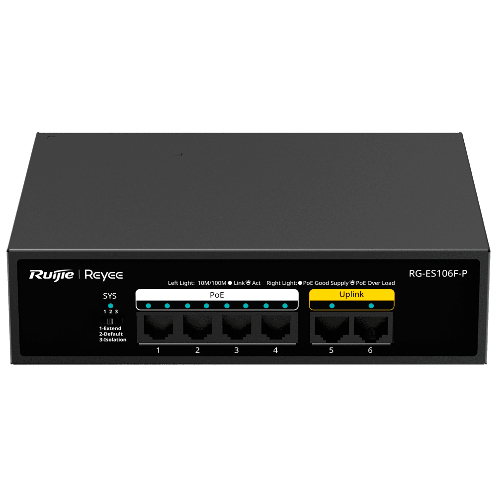Switch PoE REYEE RG-ES106F-P (10/100 Mbps - IEEE 802.3af/at - Camada 2)