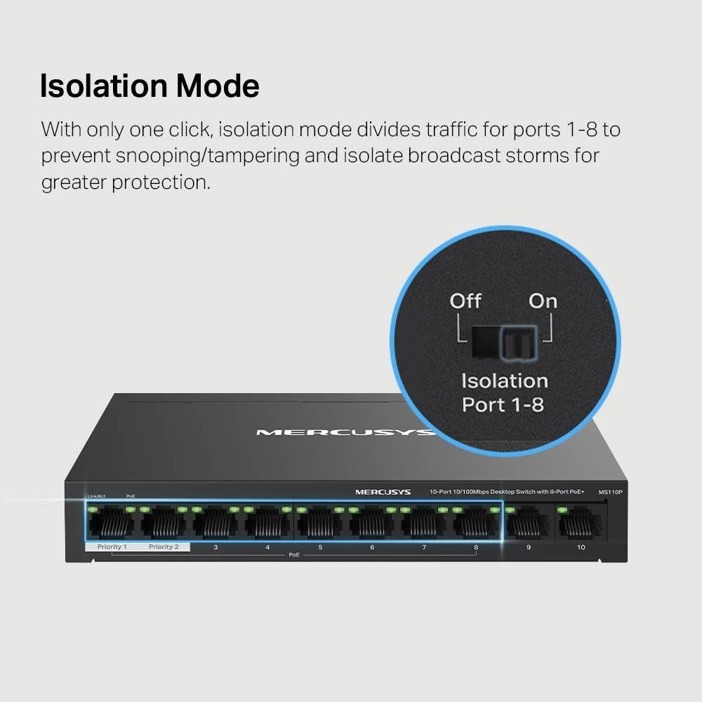 Switch MERCUSYS MS110P (10 x RJ45 - Fast Ethernet - 2000 bytes - Preto) — miniatura 5