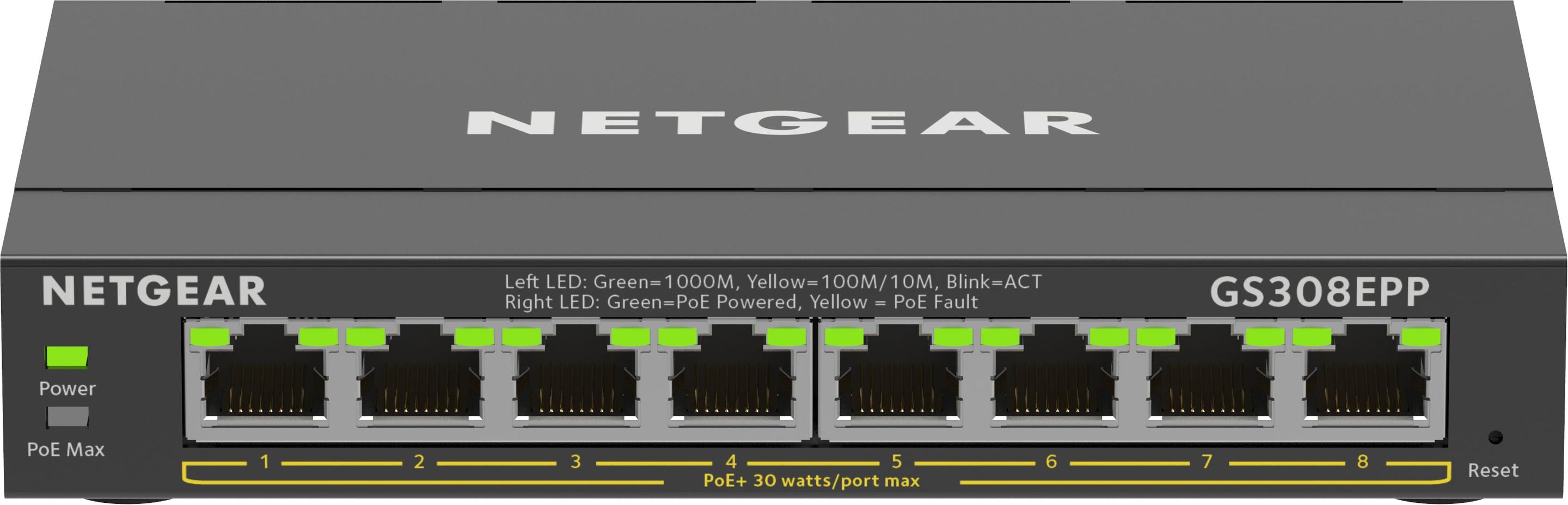 Switch NETGEAR GS308EPP (Gigabit Ethernet - 1000 Mbit/s - 16 Gbit/s - Preto)