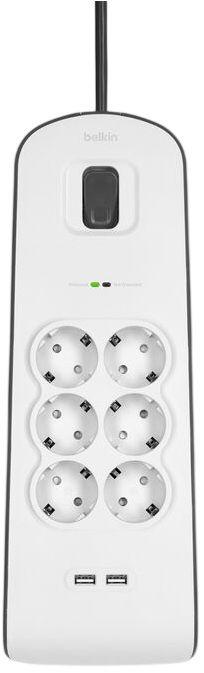 Bloco de Tomadas com Proteção contra Sobretensões BELKIN BSV604VF2M-V2 (2 USB-A - CA com ligação à terra - Cinzento e Branco) — miniatura 3