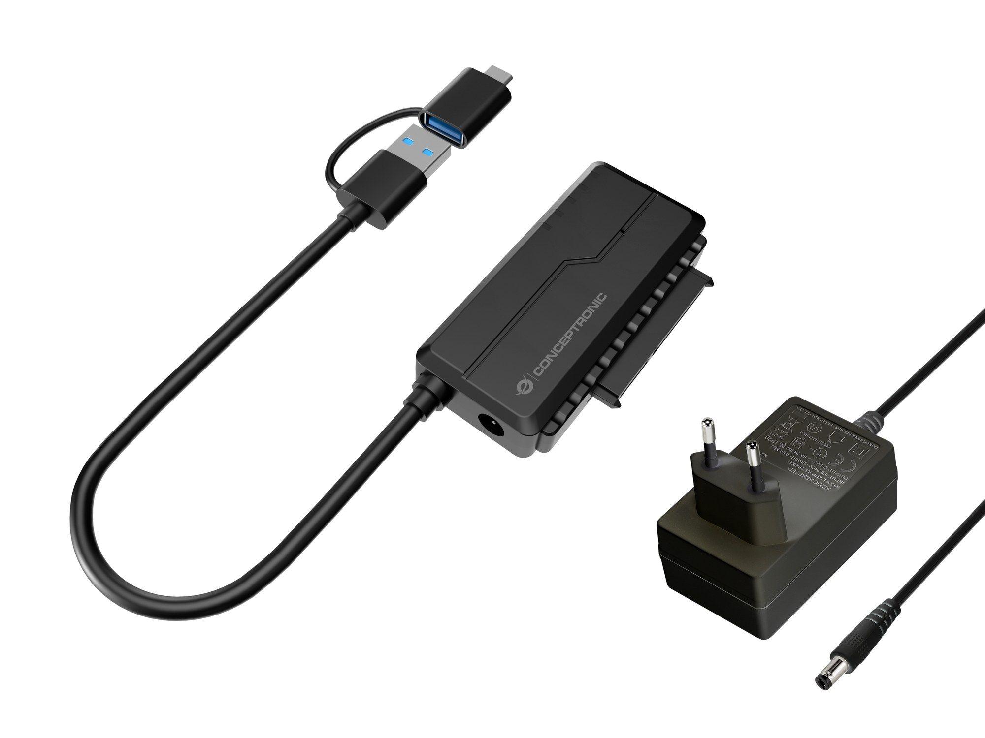 Adaptador USB-C/USB-A para SATA CONCEPTRONIC ABBY21B (SATA 22-pin - USB Type-A - 2,5 e 3,5 polegadas - Preto)
