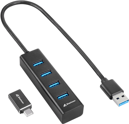 Hub USB SHARKOON 4-Port USB 3.2 Gen 1 Aluminium Hub (45 cm - Preto)