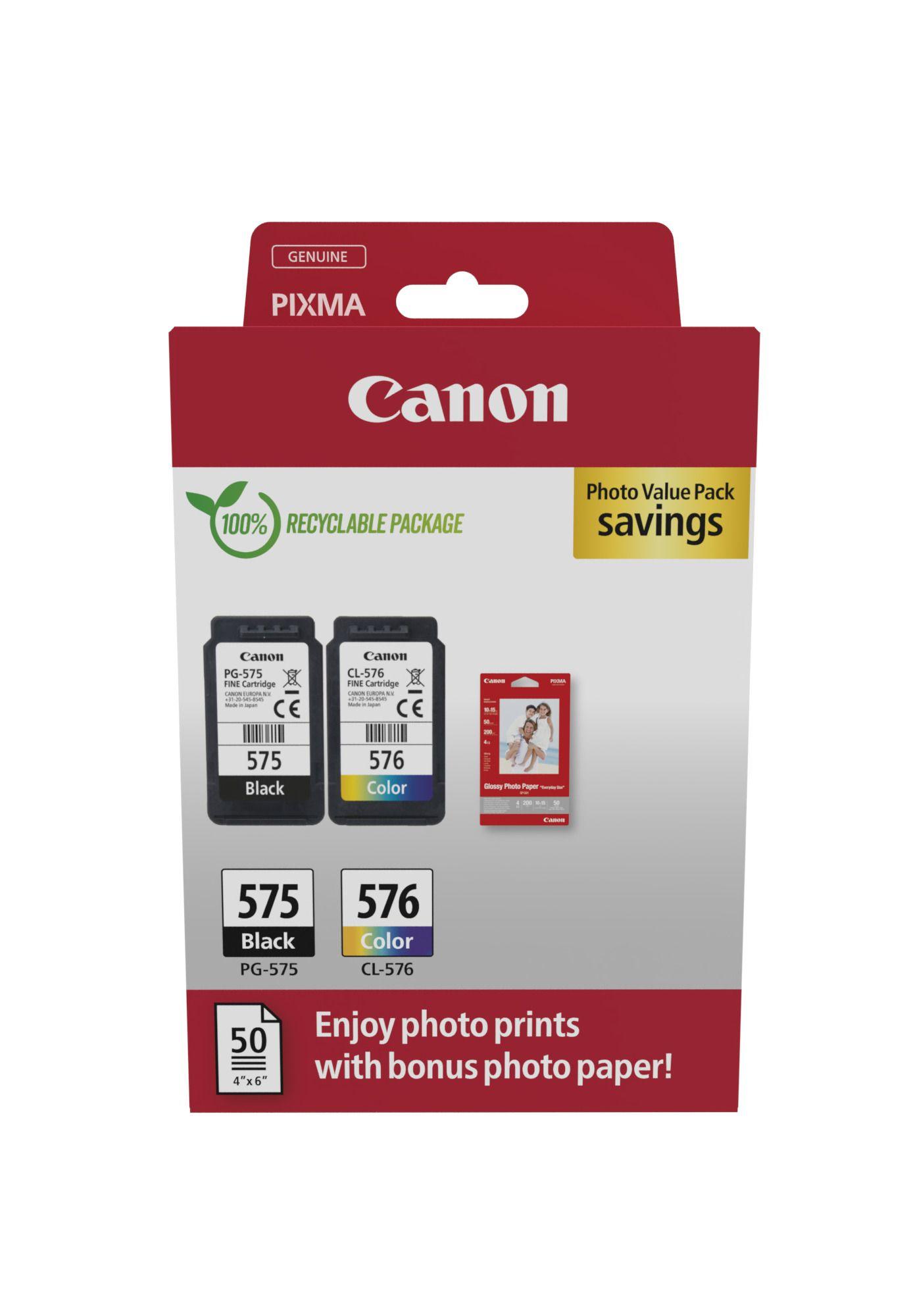 Pack de Tinteiros CANON PG-575/CL-576 (2 Tinteiros + 50 Folhas - Preto/Ciano/Magenta/Amarelo)
