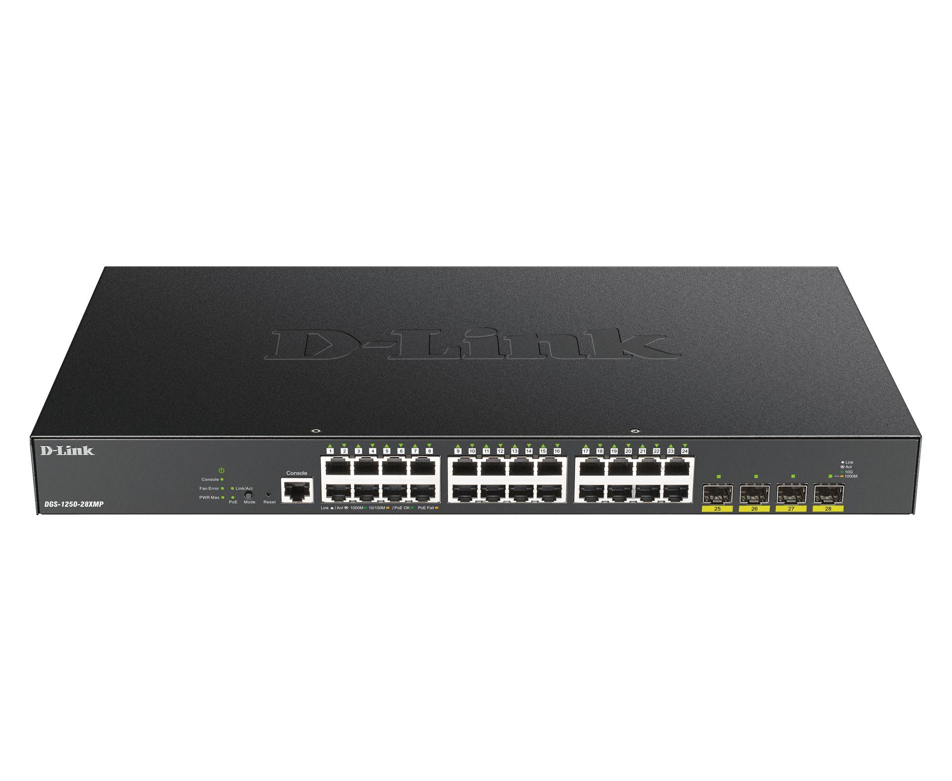 Switch D-LINK DGS-1250-28XMP/E (Gigabit Ethernet - 12 MB - 128 Gbit/s - Preto)