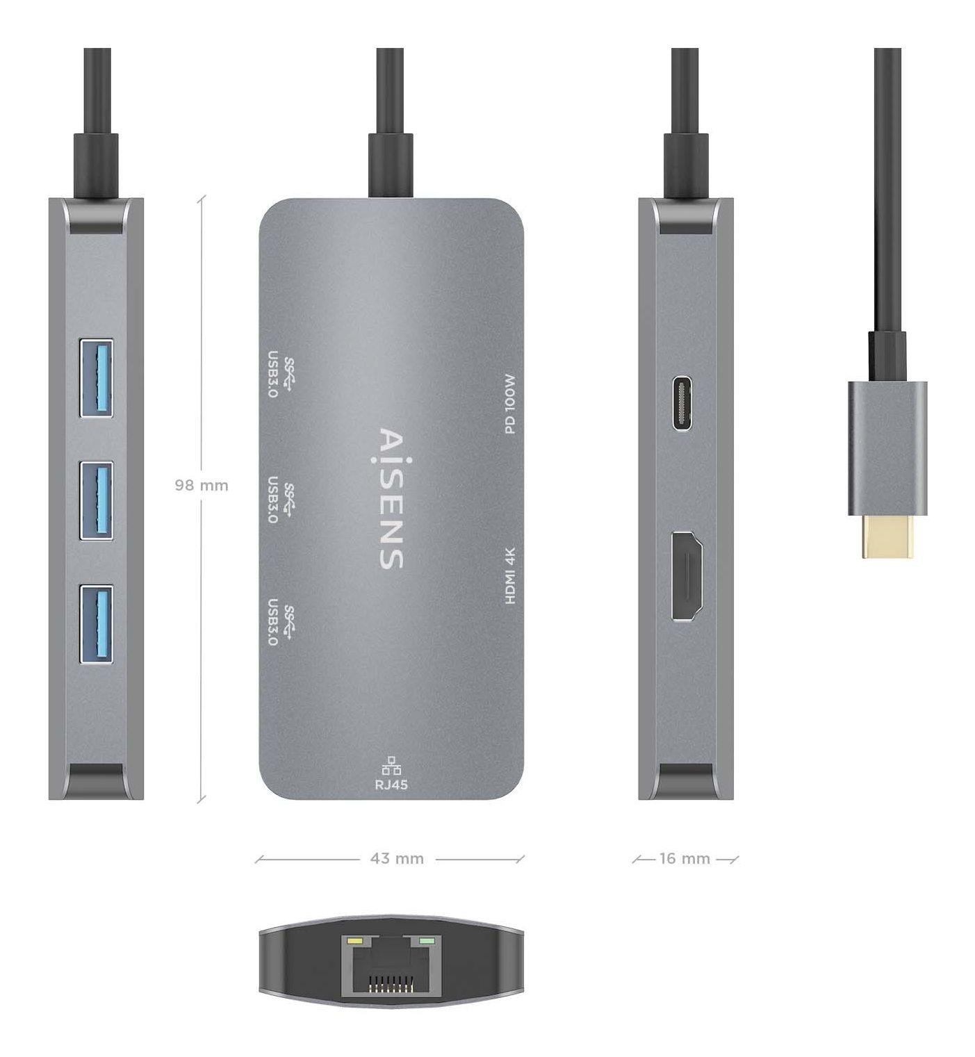 Hub USB-C AISENS ASUC-6P019-GR (0,15 m - Windows 10, Windows 11 - Cinzento) — miniatura 4