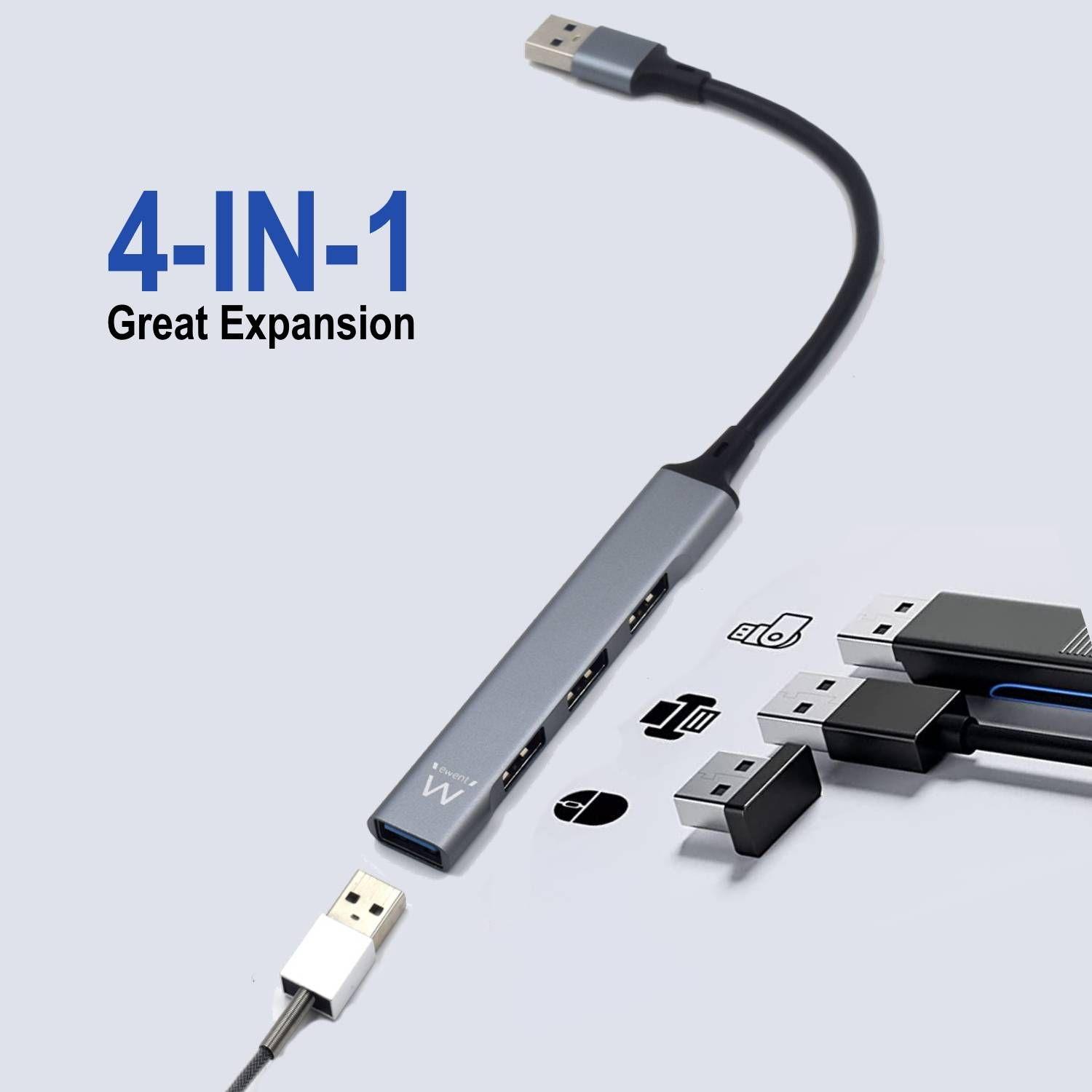 Hub USB EWENT EW1144 (0,17 m - USB 3.2 Gen 1 Tipo A - USB 2.0, USB 3.2 Gen 1 Tipo A - Cinzento e Prateado) — miniatura 3