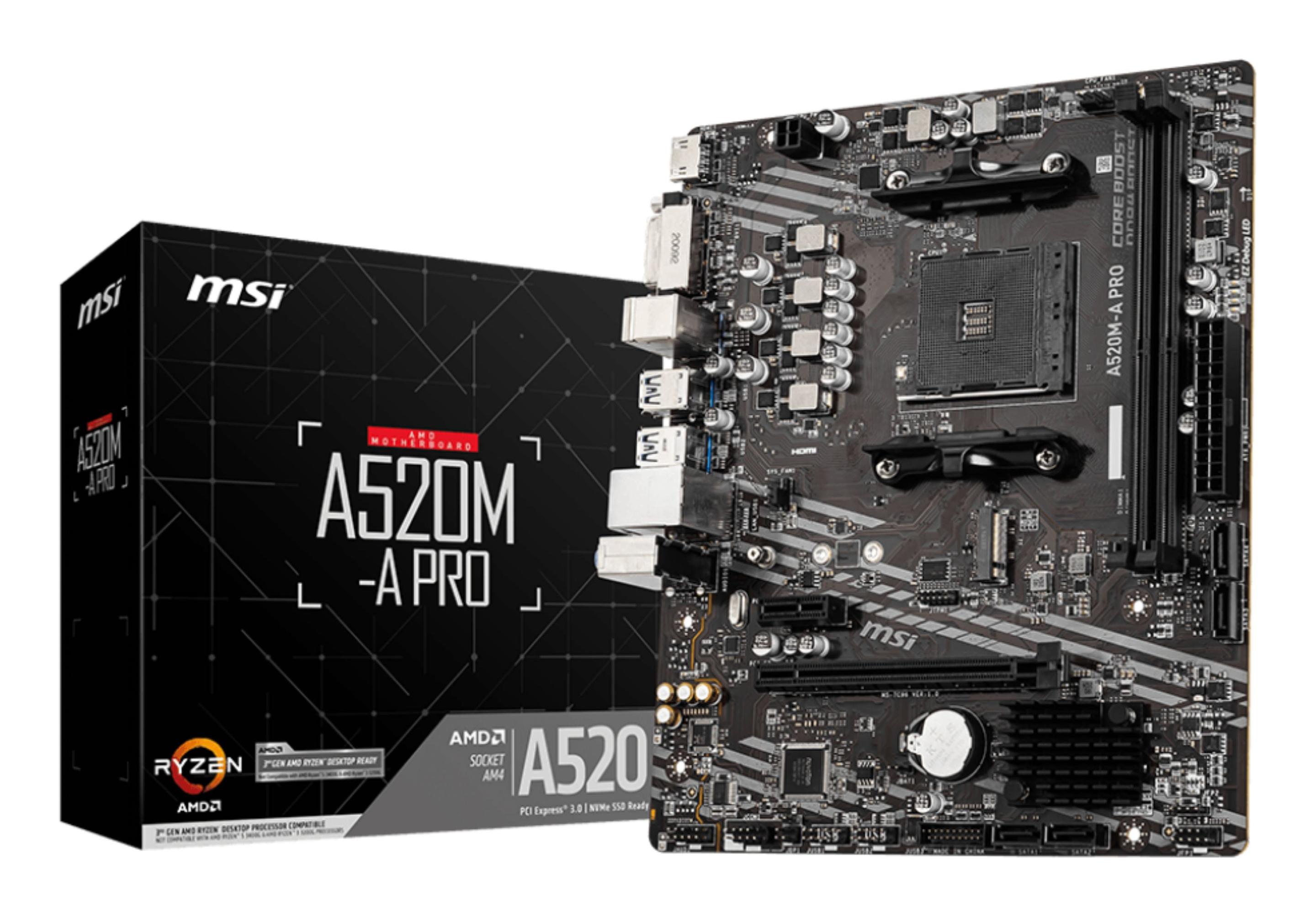 Motherboard MSI A520M-A PRO (AM4 - AMD Ryzen 3000 Series - Micro-ATX - Preto)