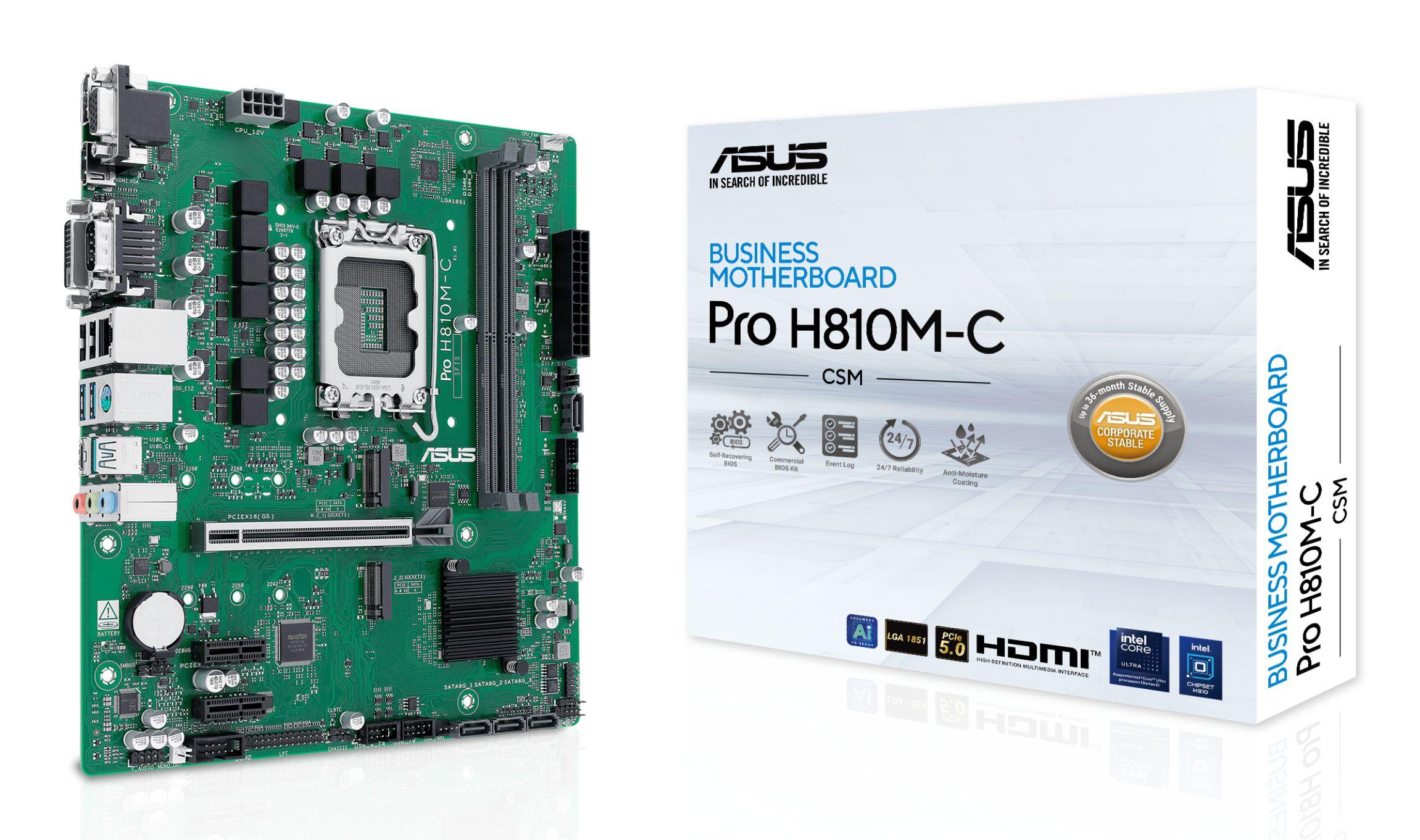 Motherboard ASUS PRO H810M-C-CSM (LGA 1851 (Socket V1) - Intel Core Ultra - micro ATX - Verde)