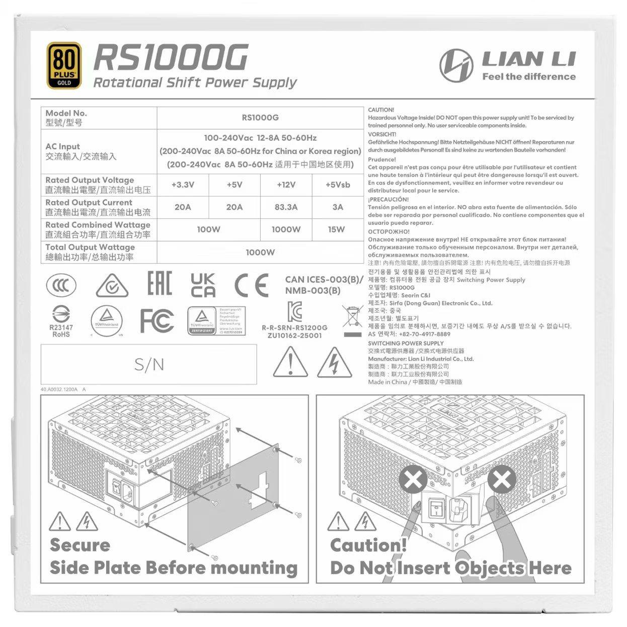 Fonte de Alimentação LIAN LI RS1000G (ATX - 1000 W - ATX 3.1 - Branco), miniatura 4