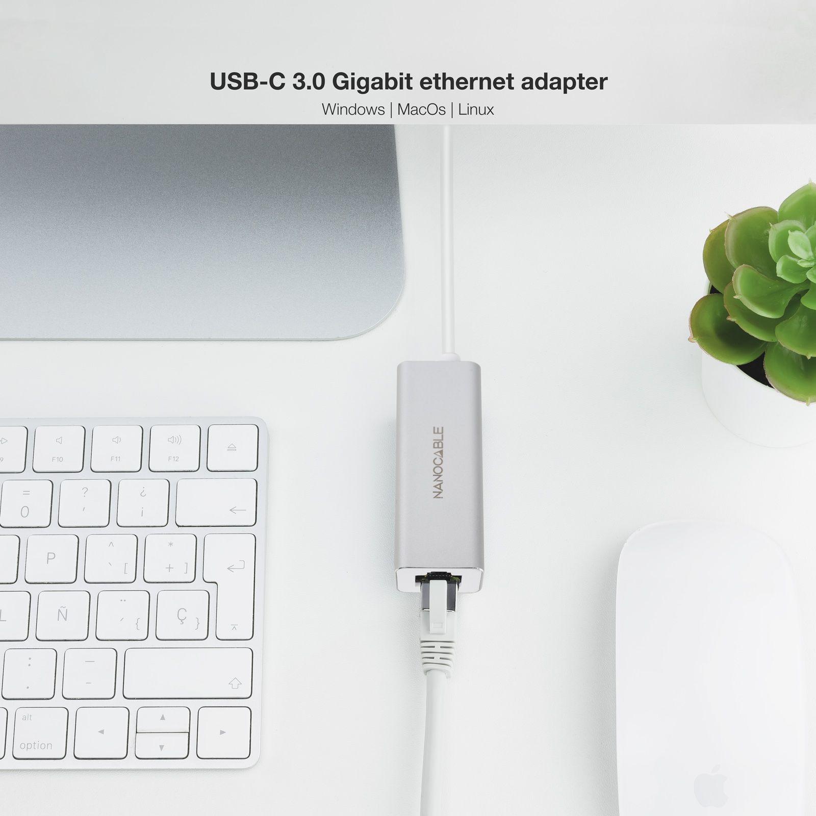Conversor USB-C para Ethernet NANOCABLE 10.03.0402 (Ethernet - 1 unidade - USB Type-C - Prateado) — miniatura 3