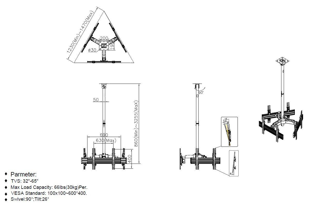 Suporte de Teto Triplo para TV EQUIP 650371 (32-65" - VESA 600x400 mm - 30 kg por ecrã - Preto), miniatura 4