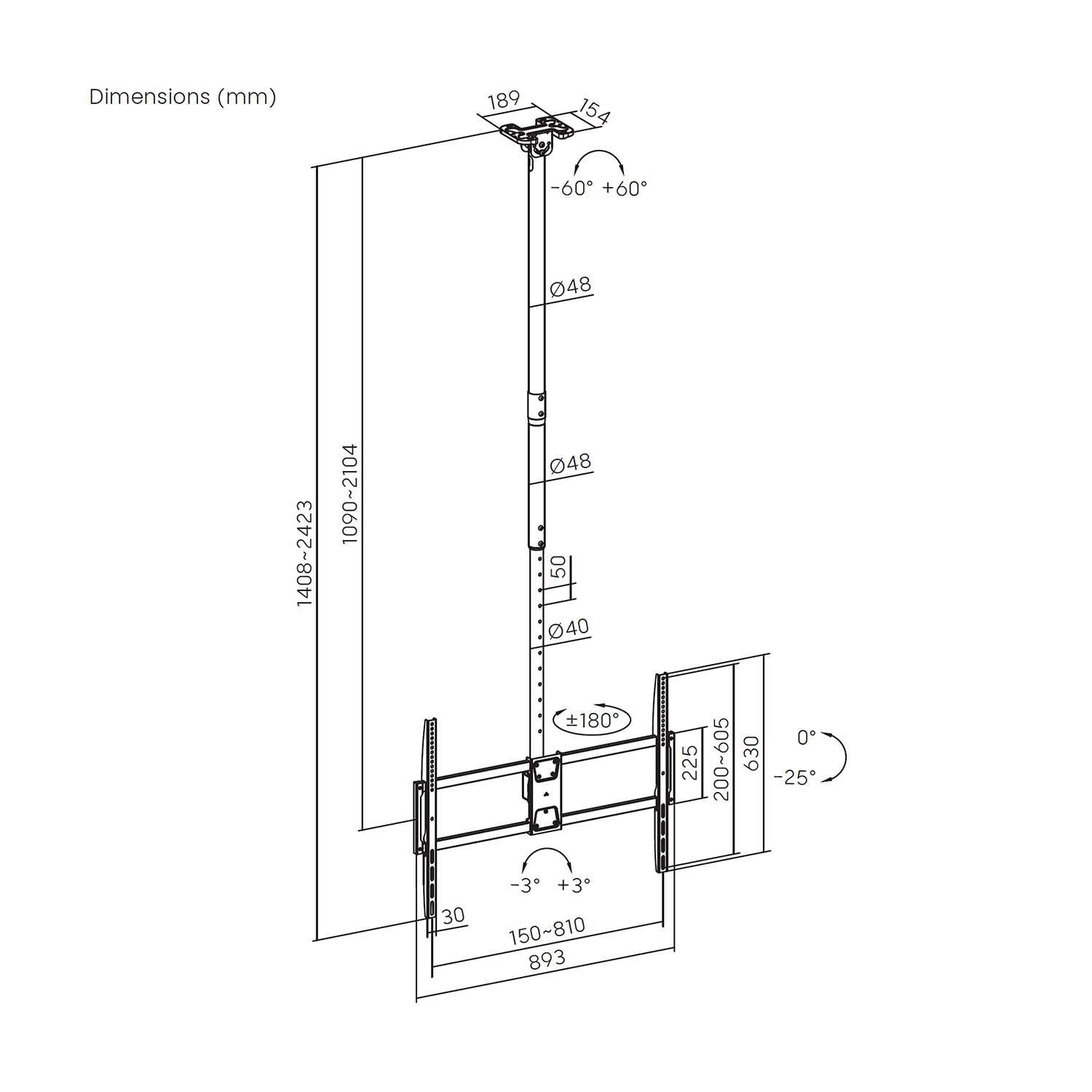 Suporte de Teto para TV e Monitor AISENS CT100TSLE-393 (50-100" - 80 kg - Preto) — miniatura 5