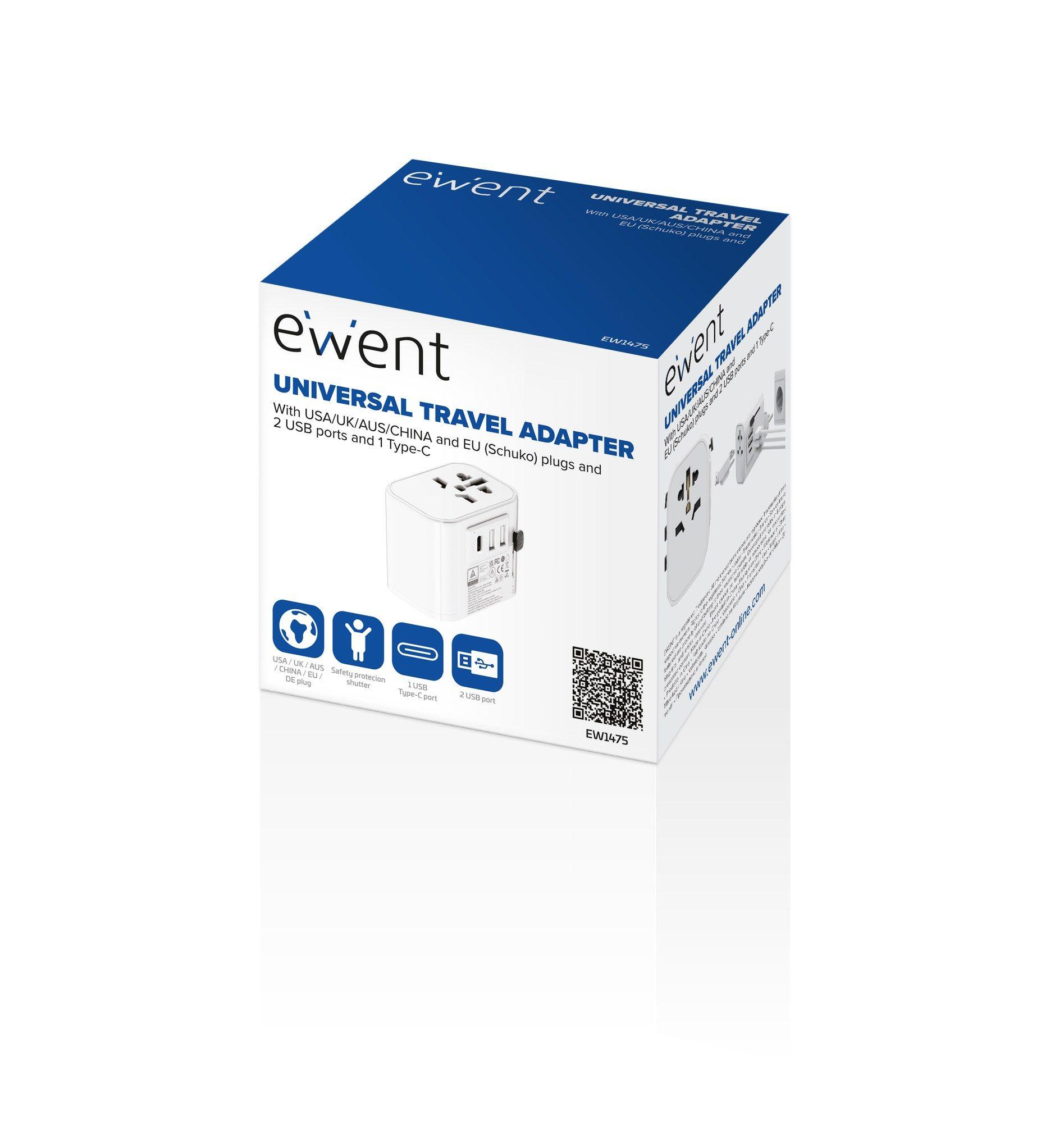 Adaptador Universal de Viagem EWENT EW1475 (3: 2 USB-A e 1 USB-C - Schuko, tipos E, F e C - Branco) — miniatura 2