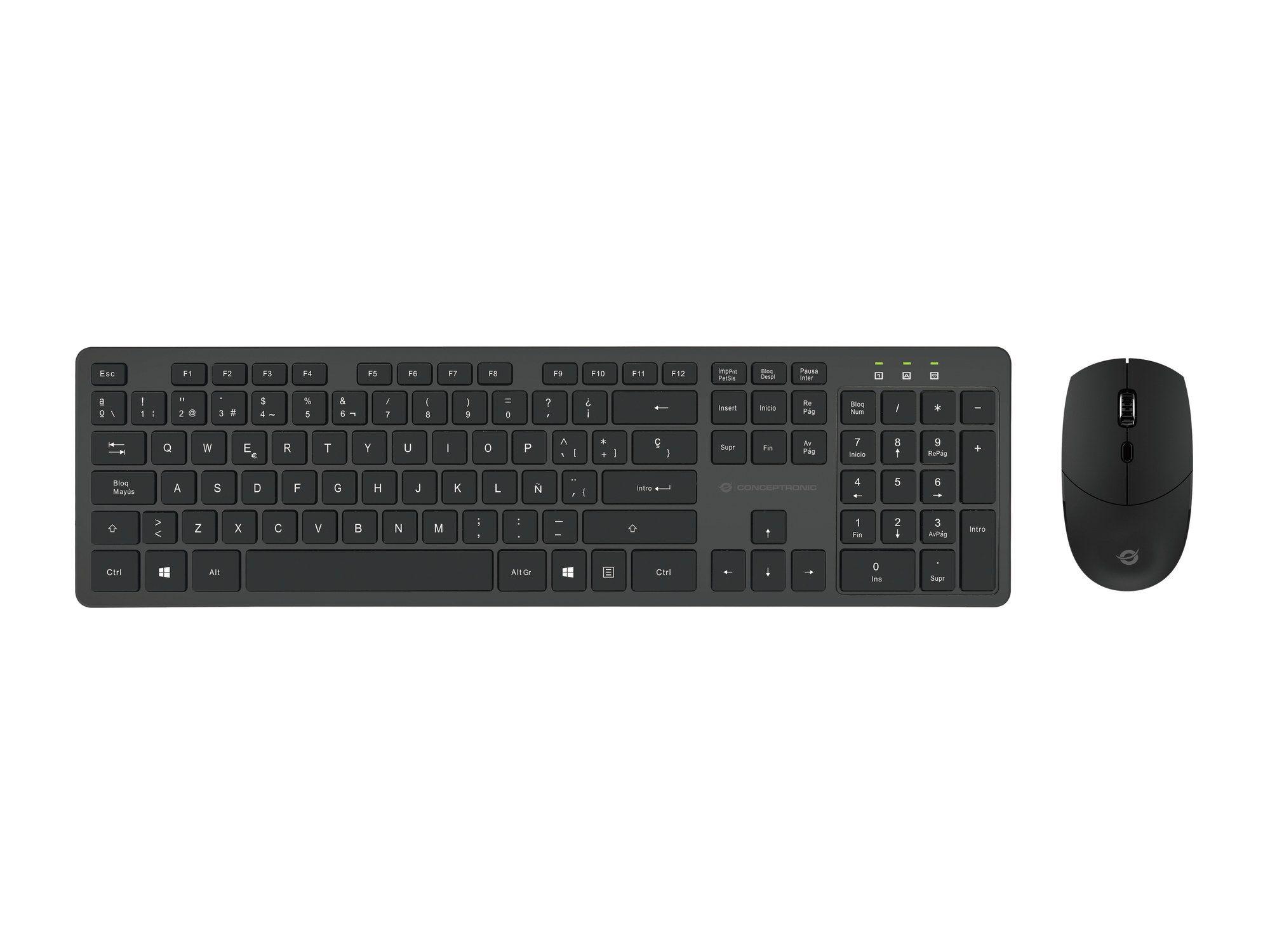 Teclado e Rato CONCEPTRONIC ORAZIO01ES (Espanhol - Tamanho completo - RF Wireless - Preto)