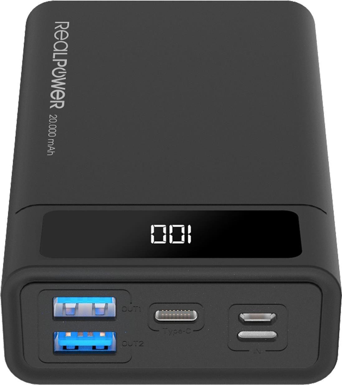 Powerbank REALPOWER PB-20k PD (20000 mAh - 74 Wh - Lightning e Micro-USB - Preto)