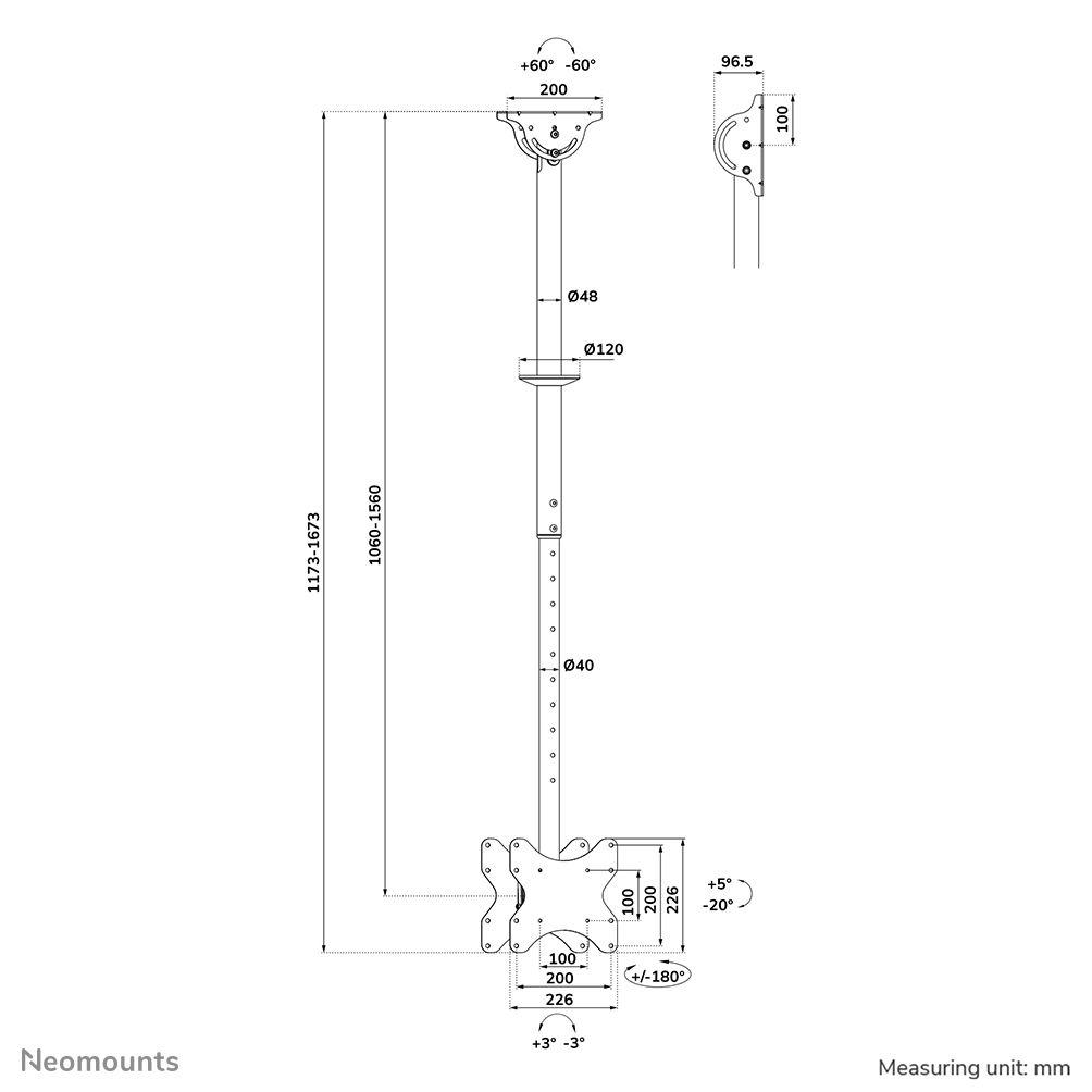Suporte de Teto Duplo para TV NEOMOUNTS CL35-340BL22 (23–43″ - Altura ajustável 106–156 cm - Preto), miniatura 15