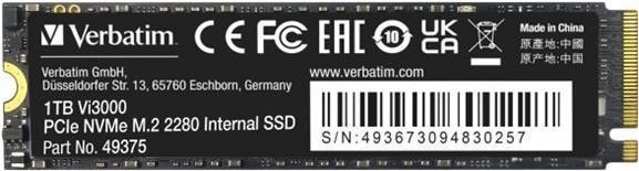 SSD VERBATIM 49375 / Vi3000 (1 TB - M.2 - PCIe 3.0 NVMe - Preto)