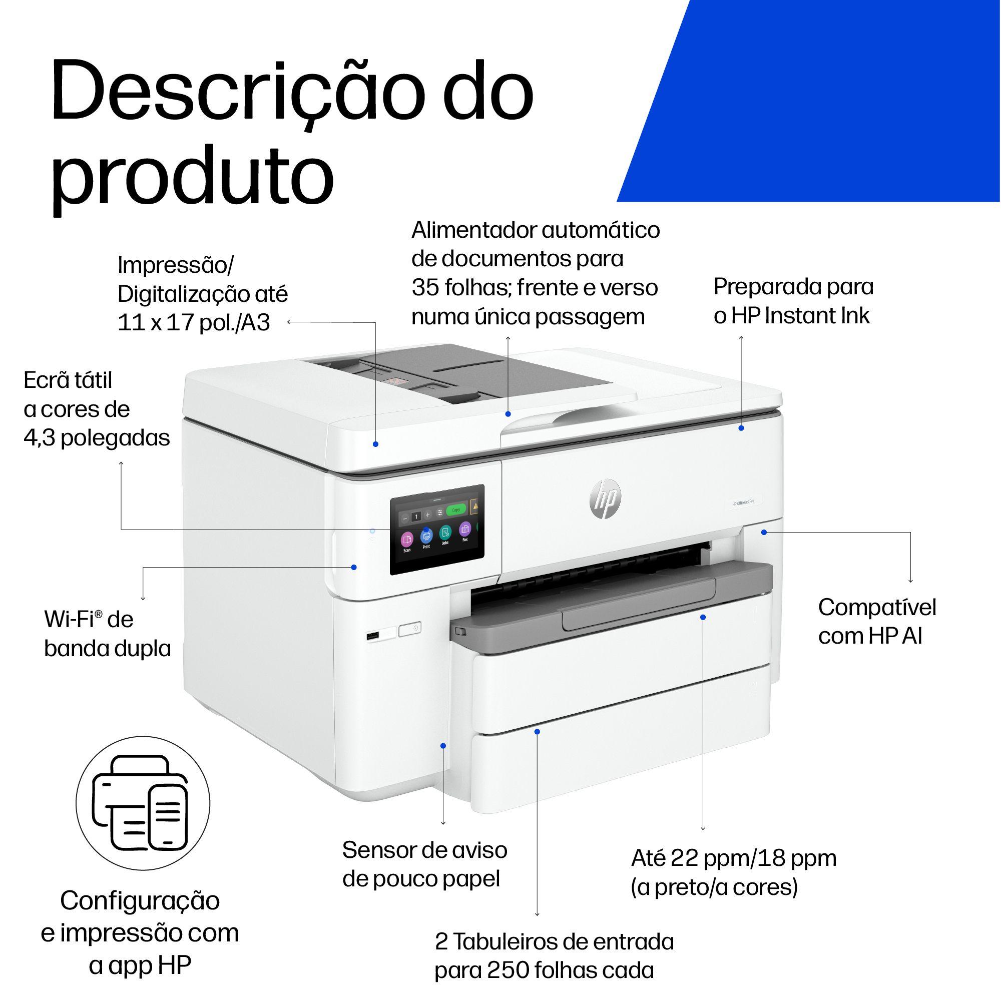 Impressora Multifunções HP OfficeJet Pro 9730e (A3 - Impressão a cores - 500 folhas - Cinzento), miniatura 6