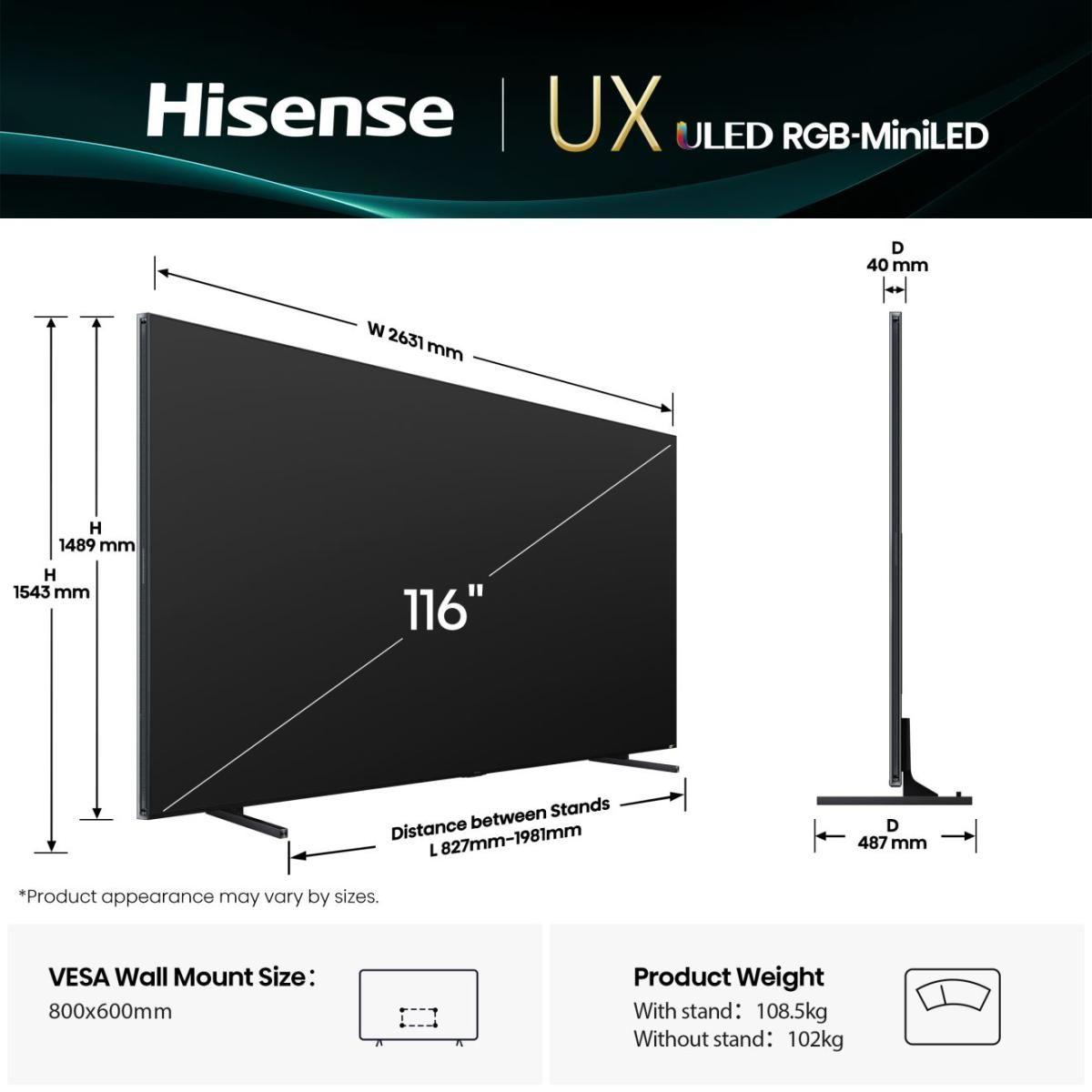 Televisão HISENSE TV 116UXQ (116" - 4K Ultra HD RGB-Mini LED - Cinzento)