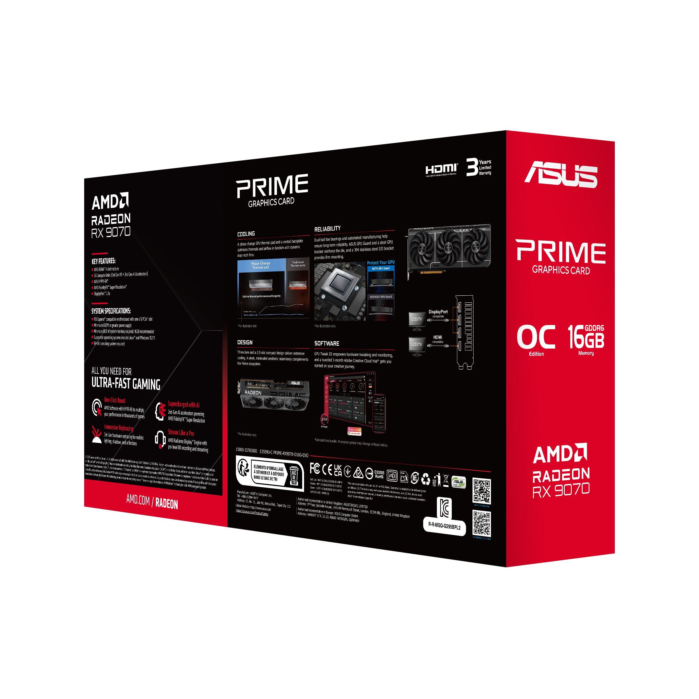 Placa Gráfica ASUS Prime Radeon RX 9070 EVO OC (Radeon RX 9070 - 20 Gbit/s - 16 GB - Preto), miniatura 16