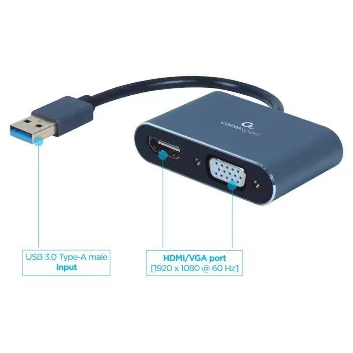 Adaptador USB 3.0 para HDMI e VGA GEMBIRD A-USB3-HDMIVGA-01 (15 cm - USB/HDMI/VGA - Preto)