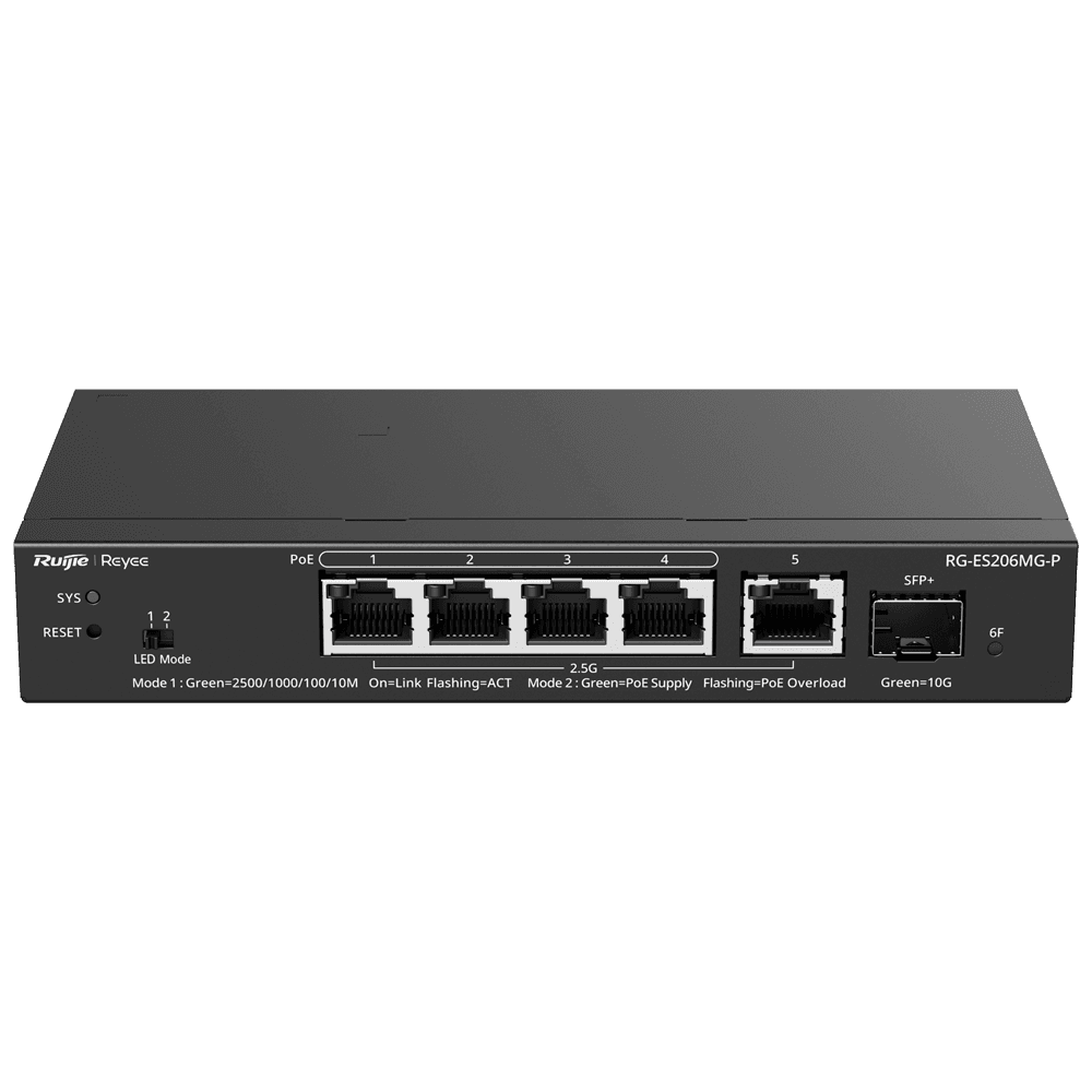 Switch de Rede REYEE RG-ES206MG-P (2,5 Gbps - Camada 2 - Preto)
