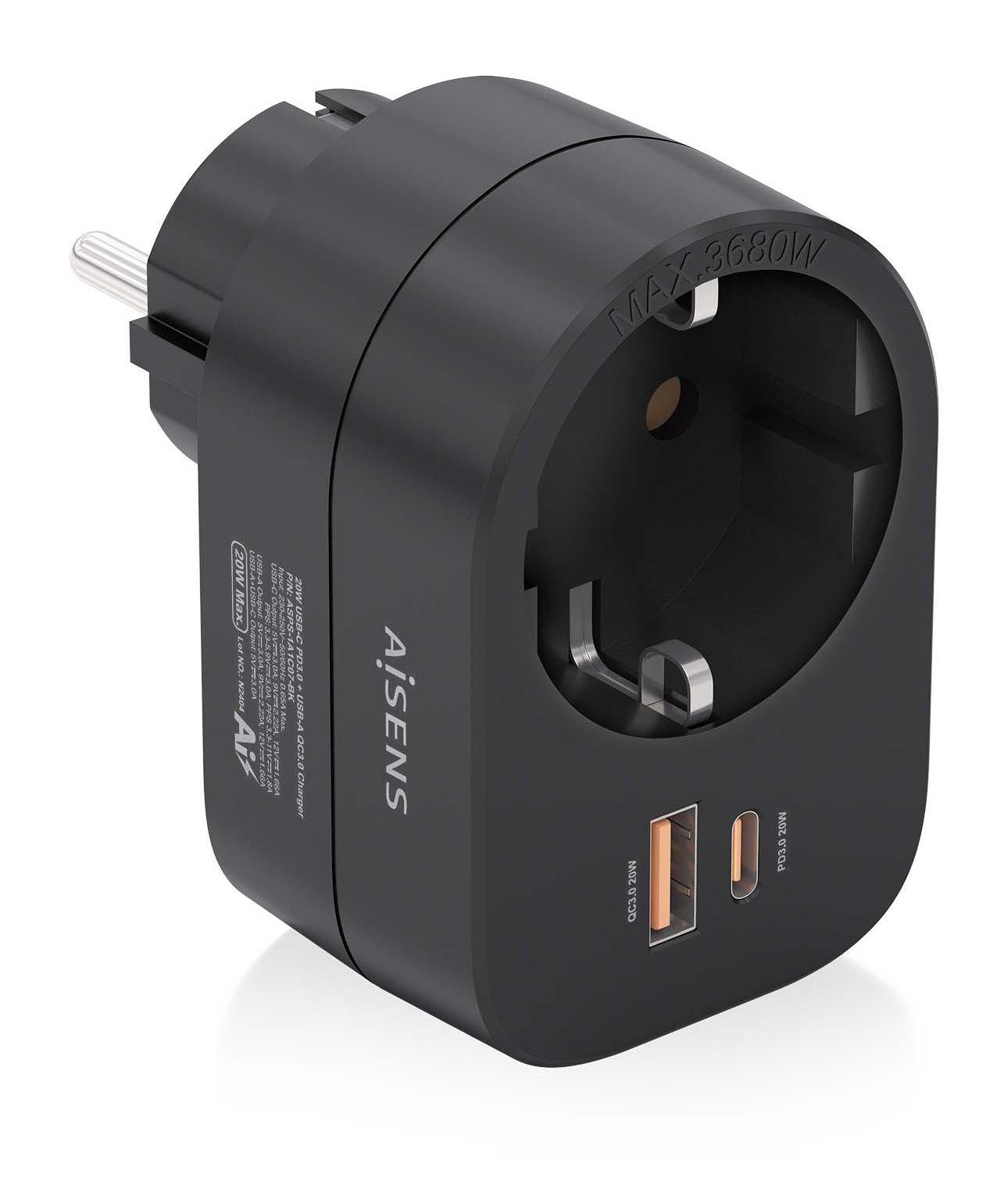 Tomada de Parede AISENS ASPS-1A1C07-BK (3680 W - Até 20 W - Preto)