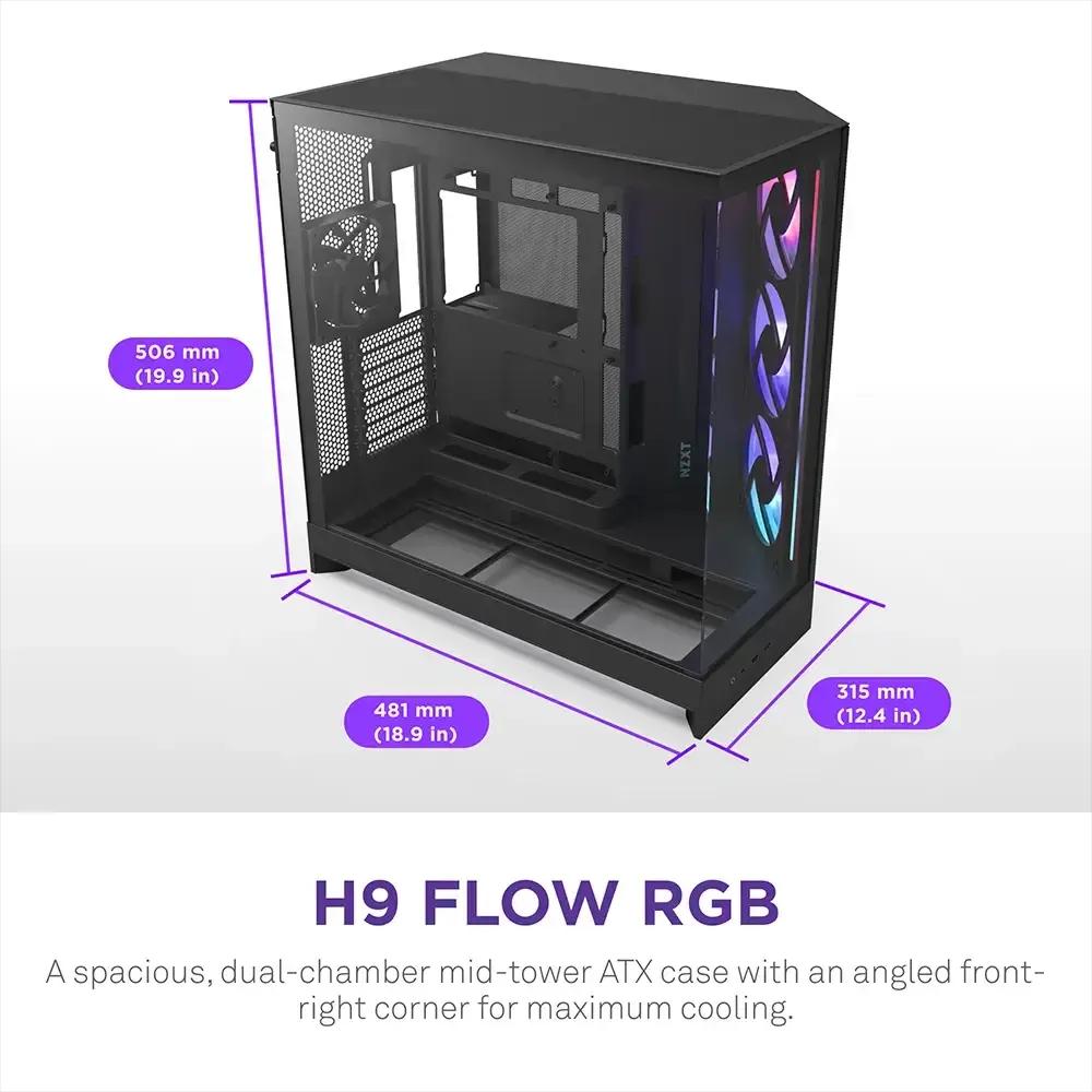Caixa PC NZXT H9 Flow RGB (2025) (ATX, EATX, micro ATX, Mini-ITX - Midi Tower - Vidro temperado, SGCC, rede - Preto) — miniatura 3