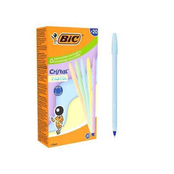 Esferográficas BIC Cristal Pastel (Pack de 20 - Ponta de 1 mm - Tinta azul - Cores pastel sortidas)