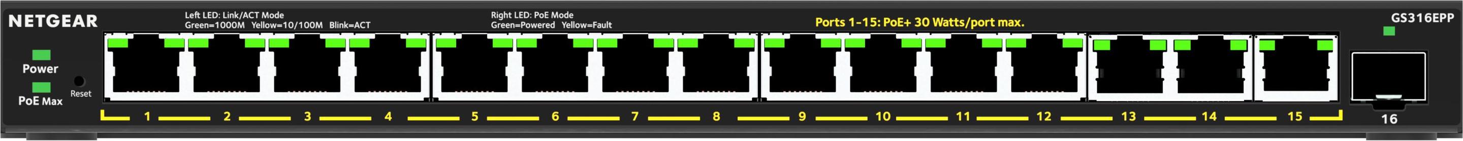 Switch NETGEAR GS316EPP-100PES (Gigabit Ethernet - 28 Gbit/s - Preto)