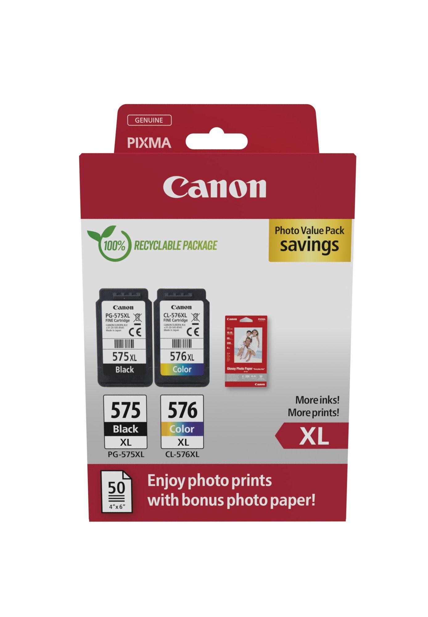 Multipack de Tinteiros CANON PG-575XL/CL-576XL (Até 300 páginas A4 a cores - Preto, Ciano, Magenta e Amarelo)