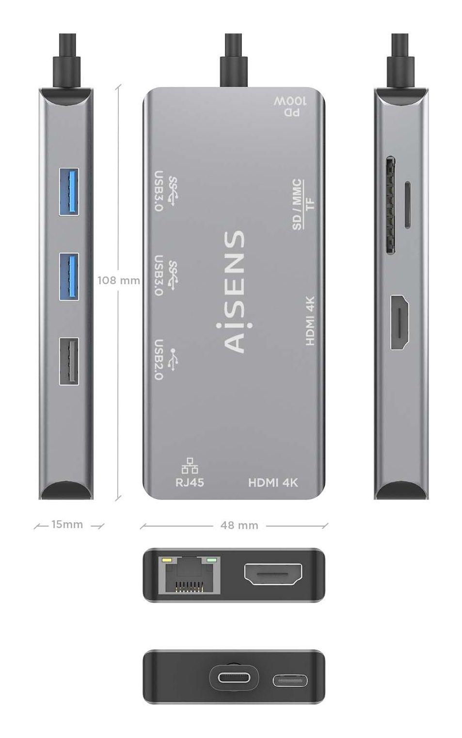 Dock USB-C AISENS ASUC-9P018-GR (0,15 m - Cinzento), miniatura 4
