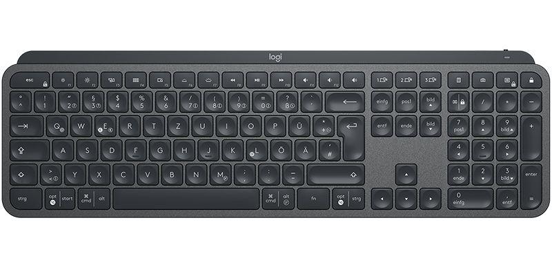 Teclado LOGITECH MX Keys (Alemão - Tamanho completo - RF Wireless + Bluetooth - Grafite)