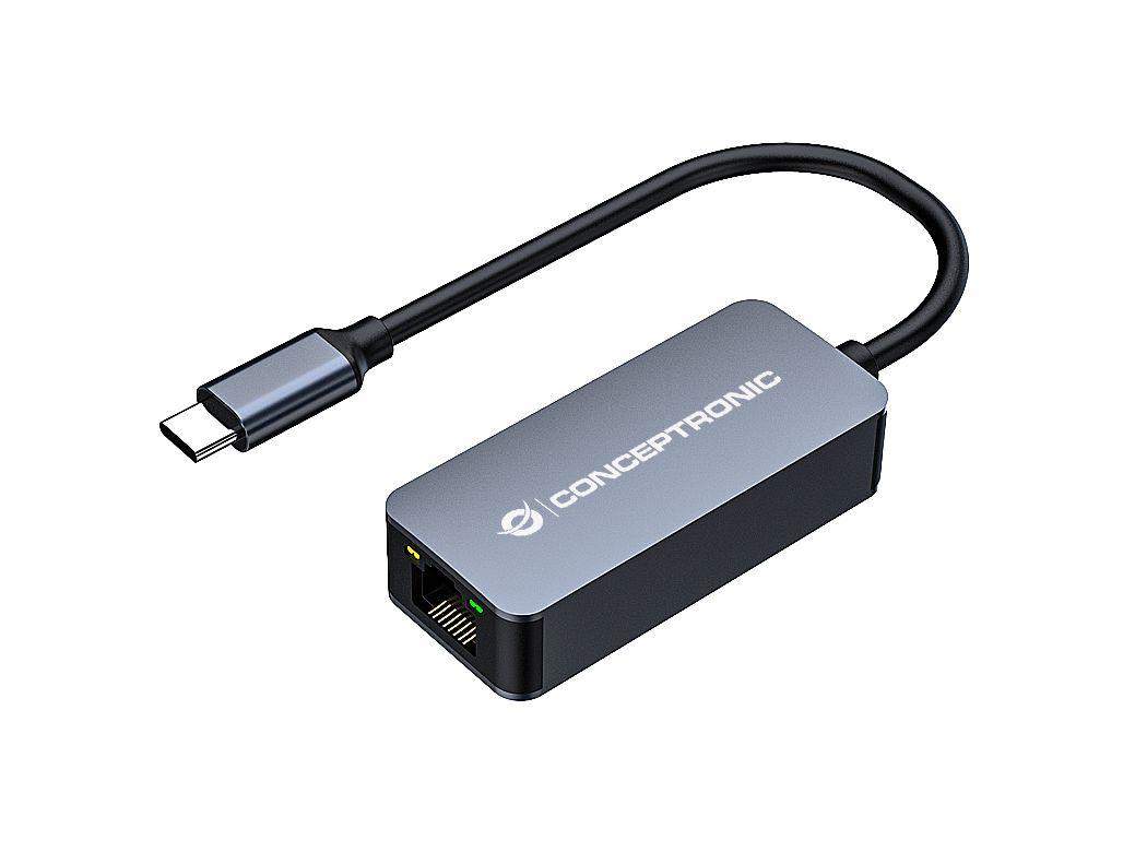 Adaptador de Rede USB-C CONCEPTRONIC ABBY12GC (1 porta RJ-45 - Ethernet - USB Type-C - Cinzento)