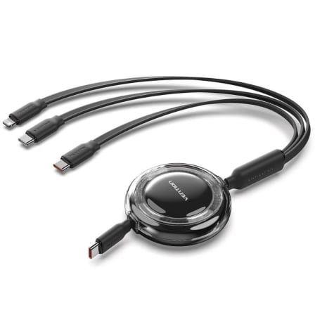 Cabo USB Retrátil 3 em 1 VENTION TRKBBE (1,1 m - USB C/Lightning - USB C - Preto)