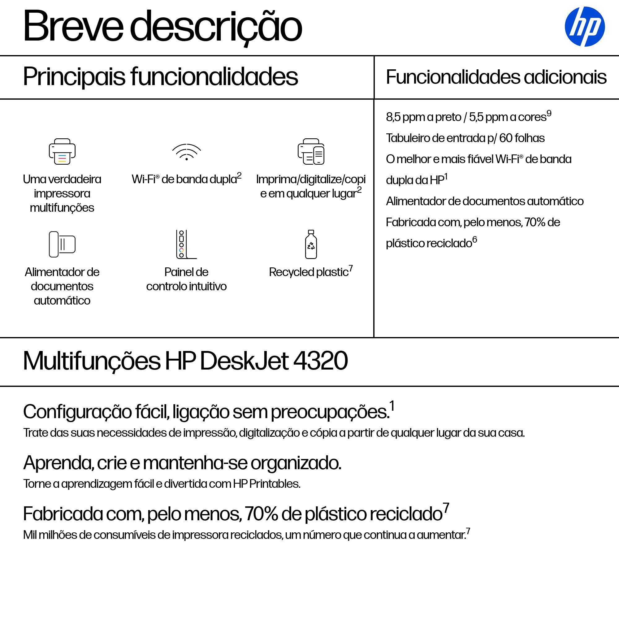 Impressora Multifunções HP DeskJet 4320 (A4 - Impressão a cores - 60 folhas - Cinzento), miniatura 3