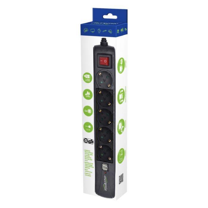 Bloco de Tomadas com USB GEMBIRD SPG5-U2-5-02 (5x Schuko - Preto) — miniatura 2