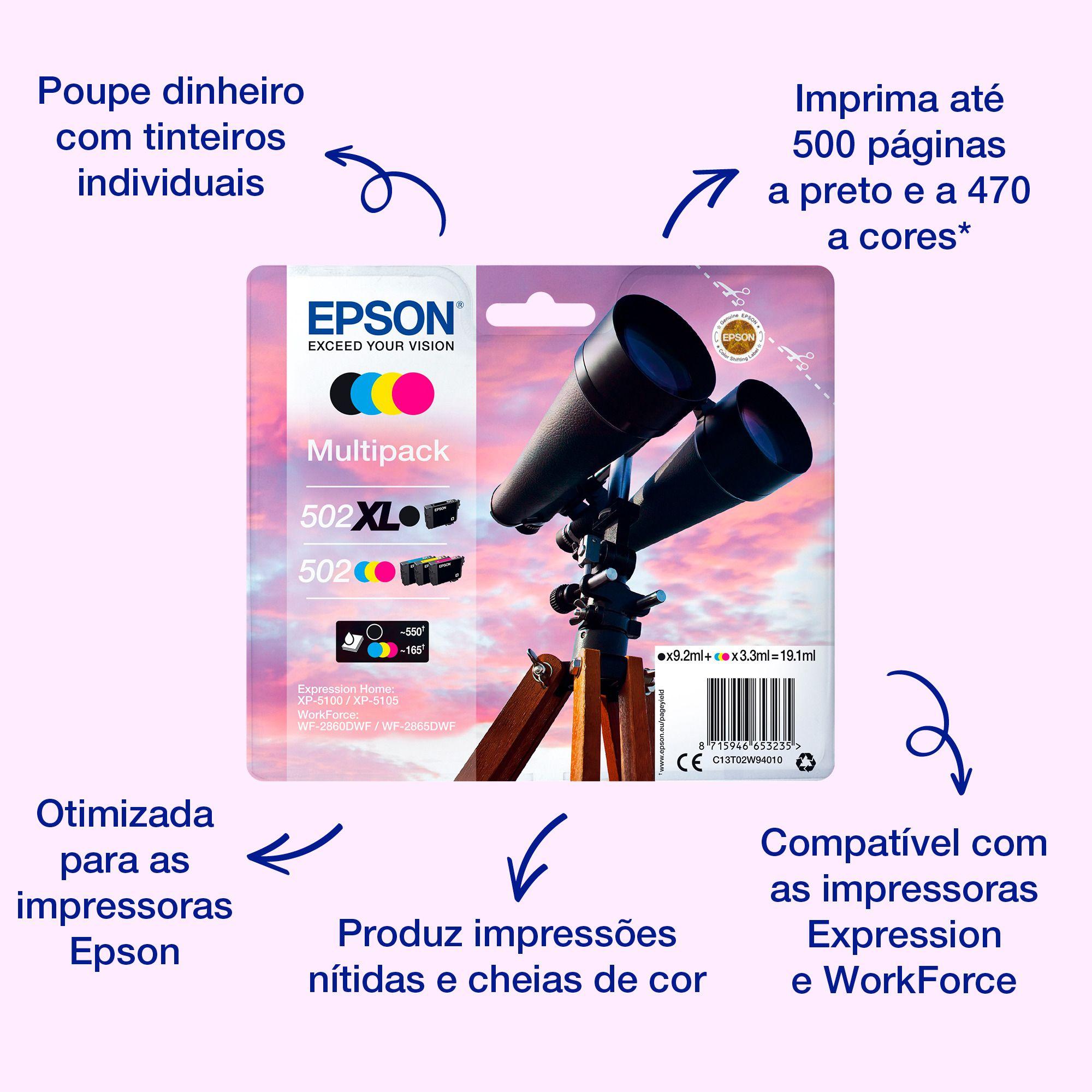 Pack de 4 Tinteiros EPSON 502 C13T02V64010 (Preto/Ciano/Magenta/Amarelo)
