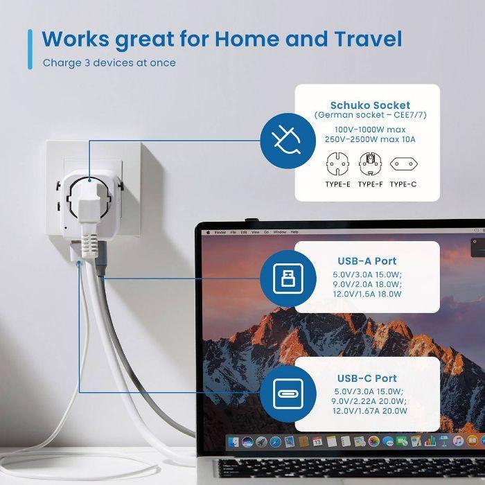 Adaptador Universal de Viagem EWENT EW1475 (3: 2 USB-A e 1 USB-C - Schuko, tipos E, F e C - Branco) — miniatura 5