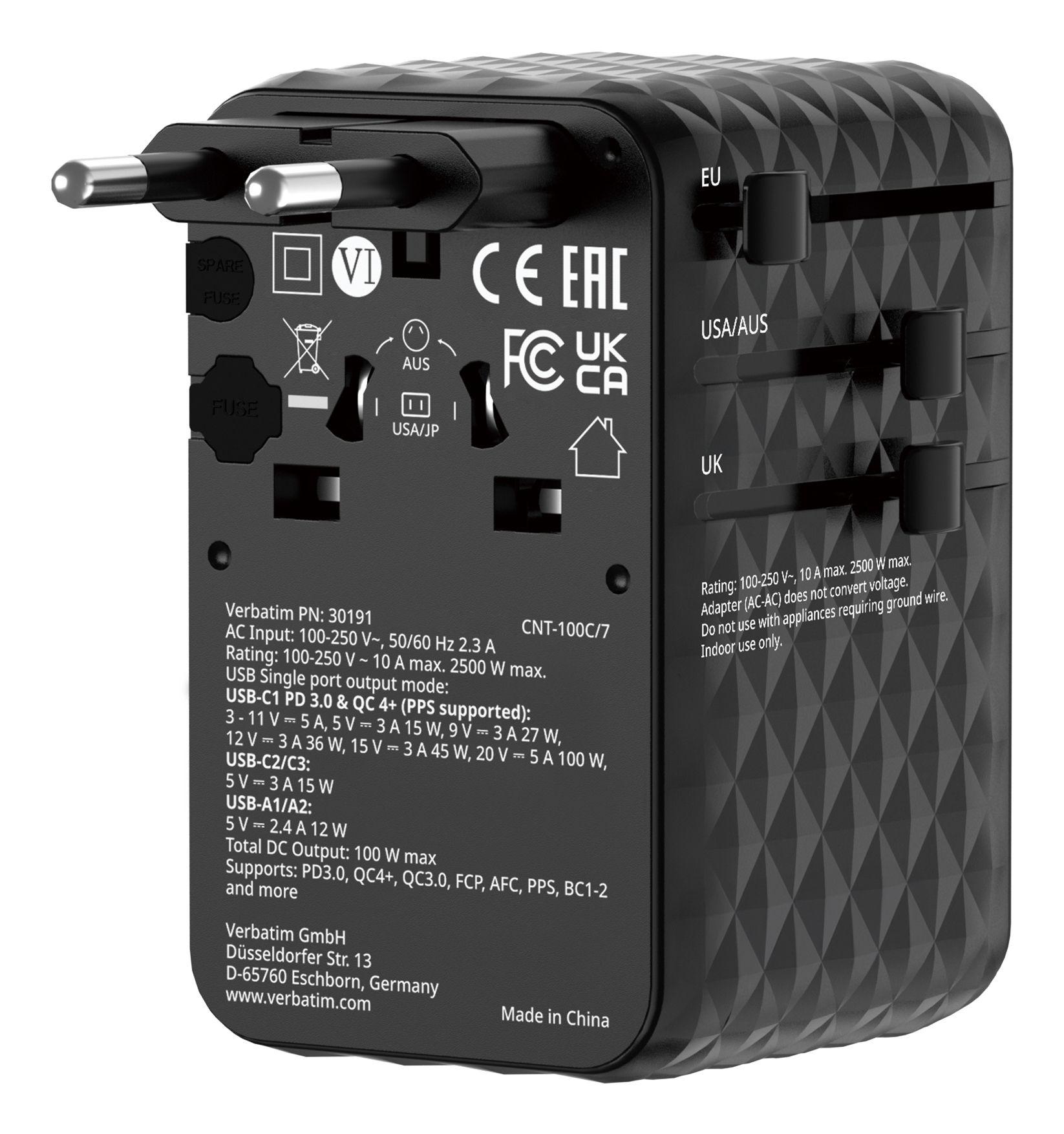 Carregador de Viagem Universal VERBATIM 30191 (USB C - Universal - AC - Preto)