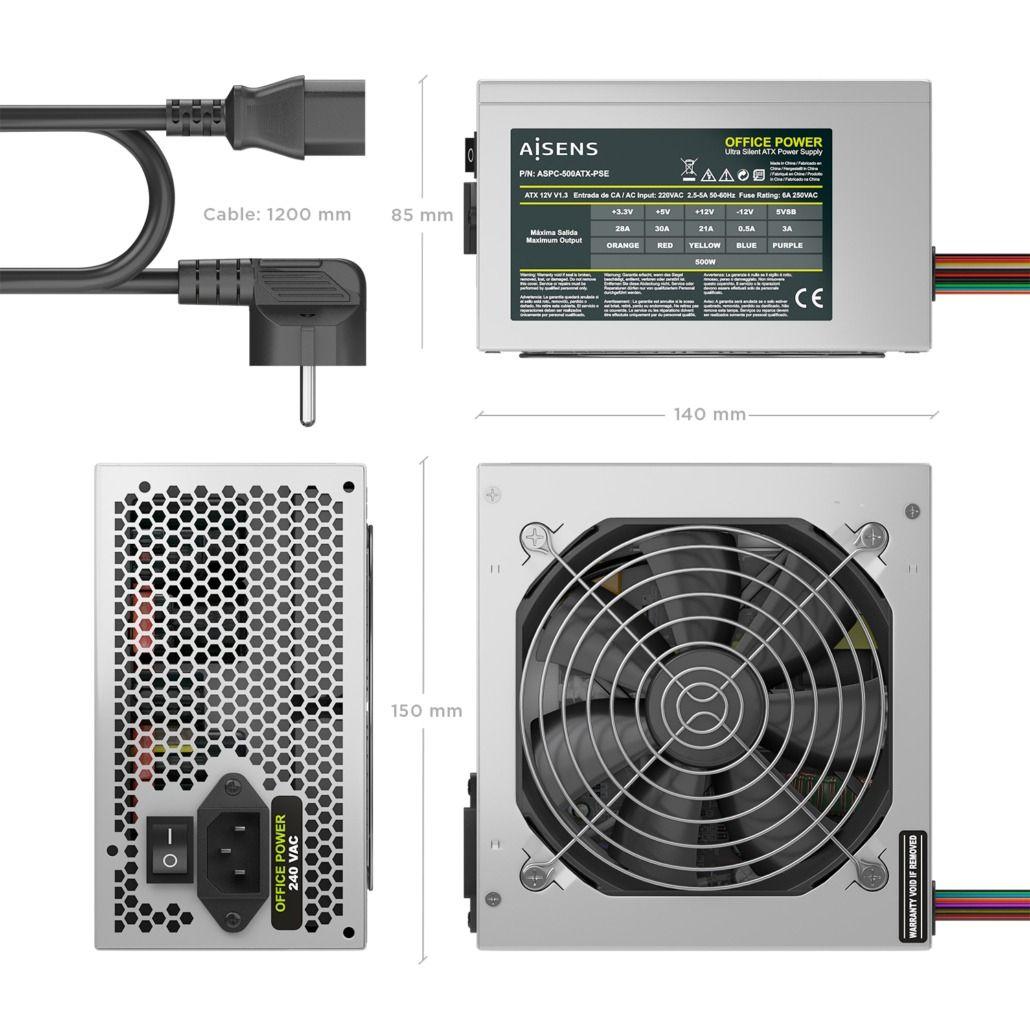 Fonte de Alimentação AISENS ASPC-500ATX-PSE (ATX - 500 W - AC - Prateado), miniatura 3