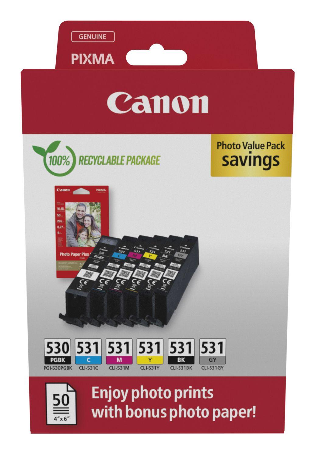 Pack de Tinteiros CANON PGI530/CLI531 (6 unidades + 50 folhas de papel fotográfico 10 x 15 cm - Multicolor)