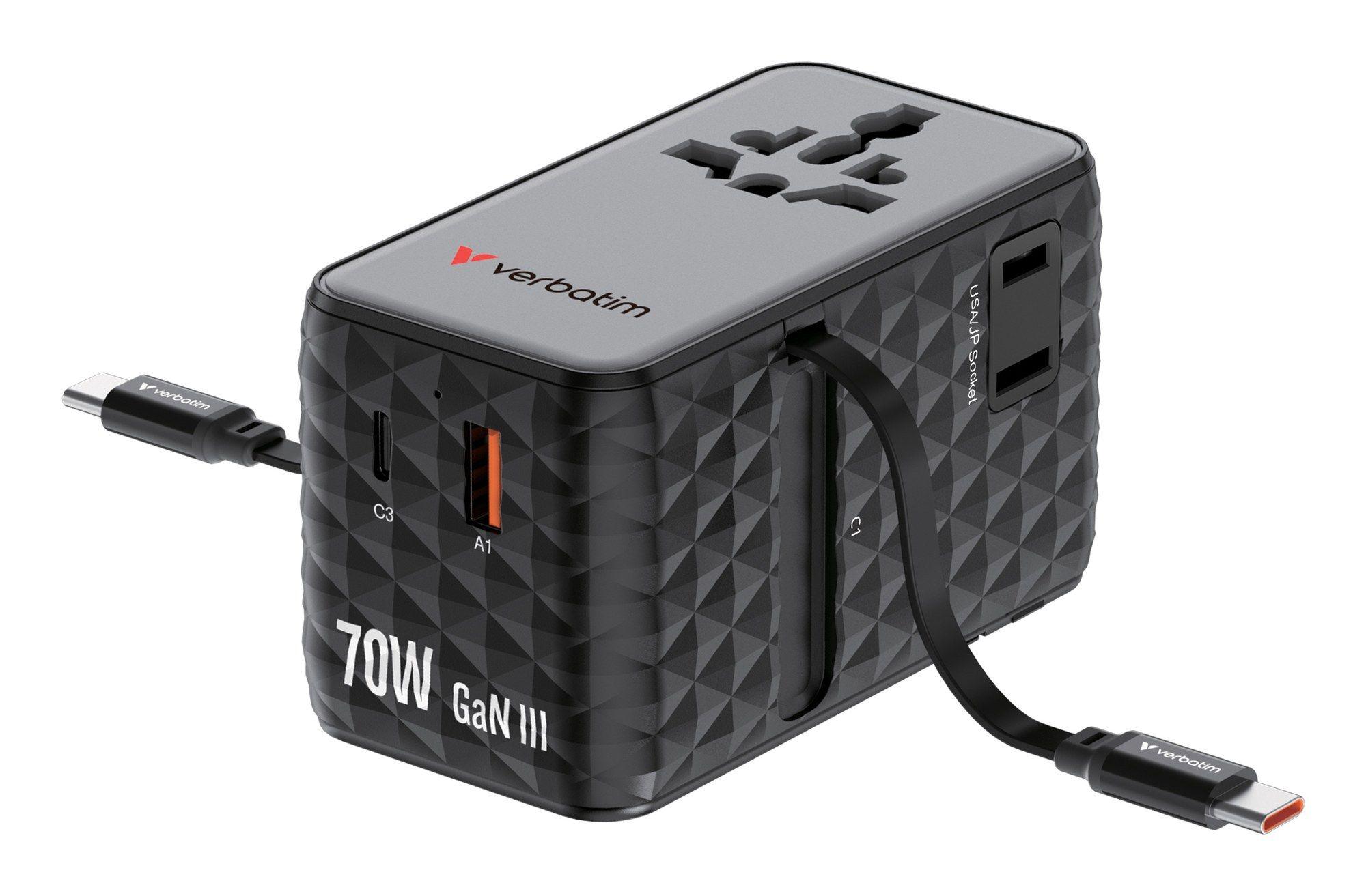 Carregador de Viagem VERBATIM Charge'n'Travel Adapter 70W 2C retractable (USB-C - Universal - AC - Preto), miniatura 2