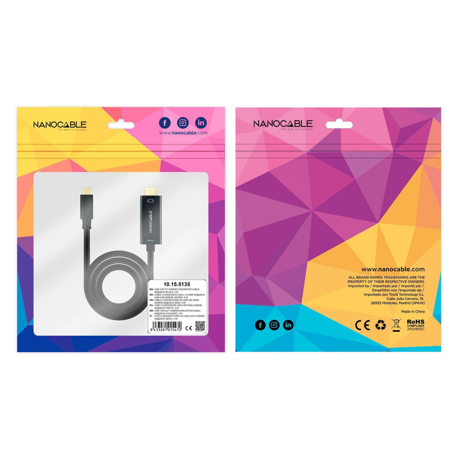 Cabo Conversor NANOCABLE 10.15.5135 (5 m - USB Type-C - HDMI 1.4 e anteriores - Preto) — miniatura 5