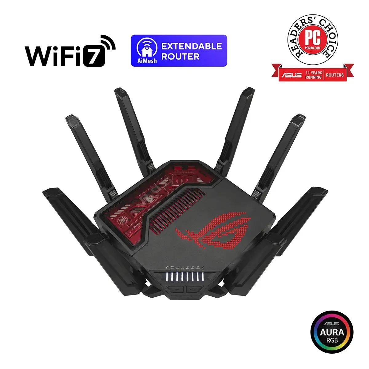 Router Gaming ASUS ROG Rapture GT-BE19000 (Wi-Fi 7 - 19000 Mbit/s - Multi-Gigabit Ethernet - Preto e Vermelho)