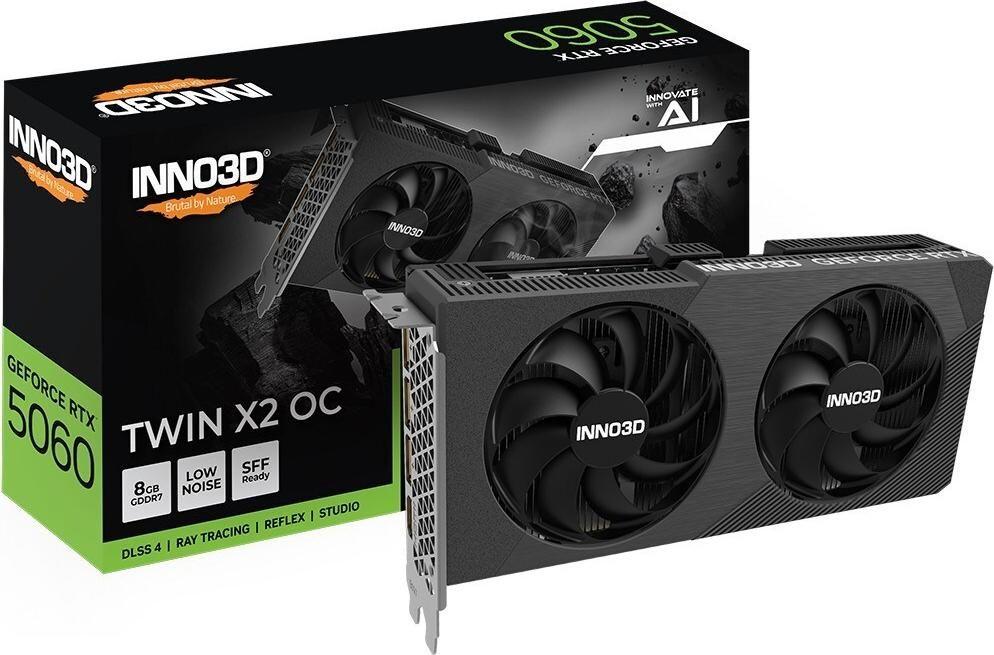 Placa Gráfica INNO3D GeForce RTX 5060 Twin X2 OC V2 (GeForce RTX 5060 - 28 Gbit/s - 8 GB GDDR7 - Preto)