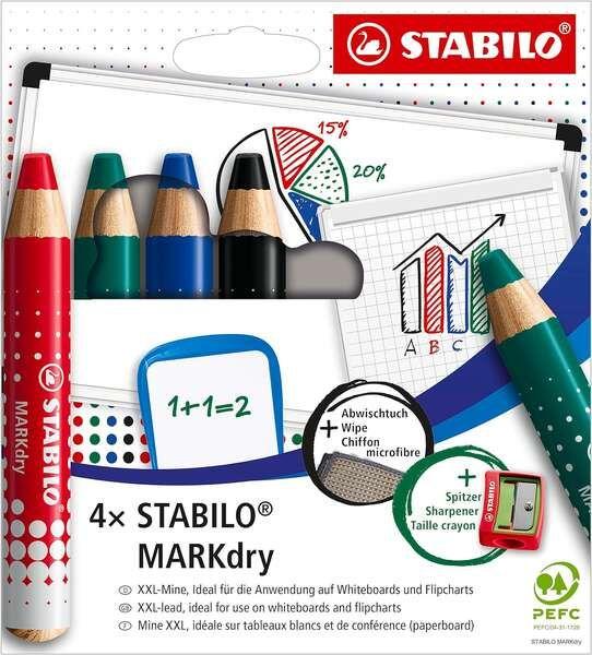 Marcadores para Quadro Branco STABILO MARKdry 648/4 (Madeira certificada PEFC - Azul, Verde, Vermelho e Preto)