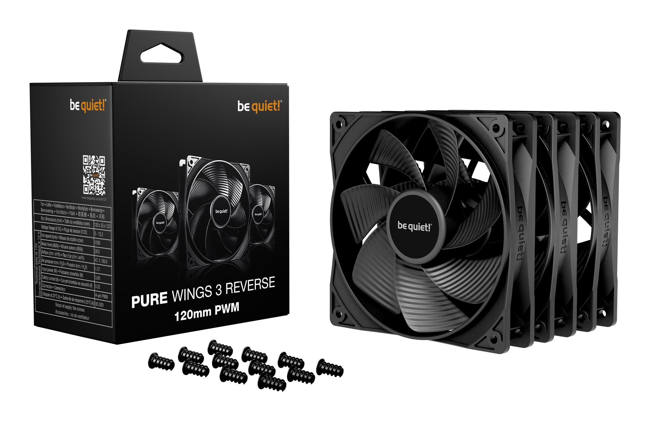 Conjunto de Ventoinhas para Caixa PC BE QUIET! Pure Wings 3 120mm PWM Reverse Triple-Pack (Preto), miniatura 3