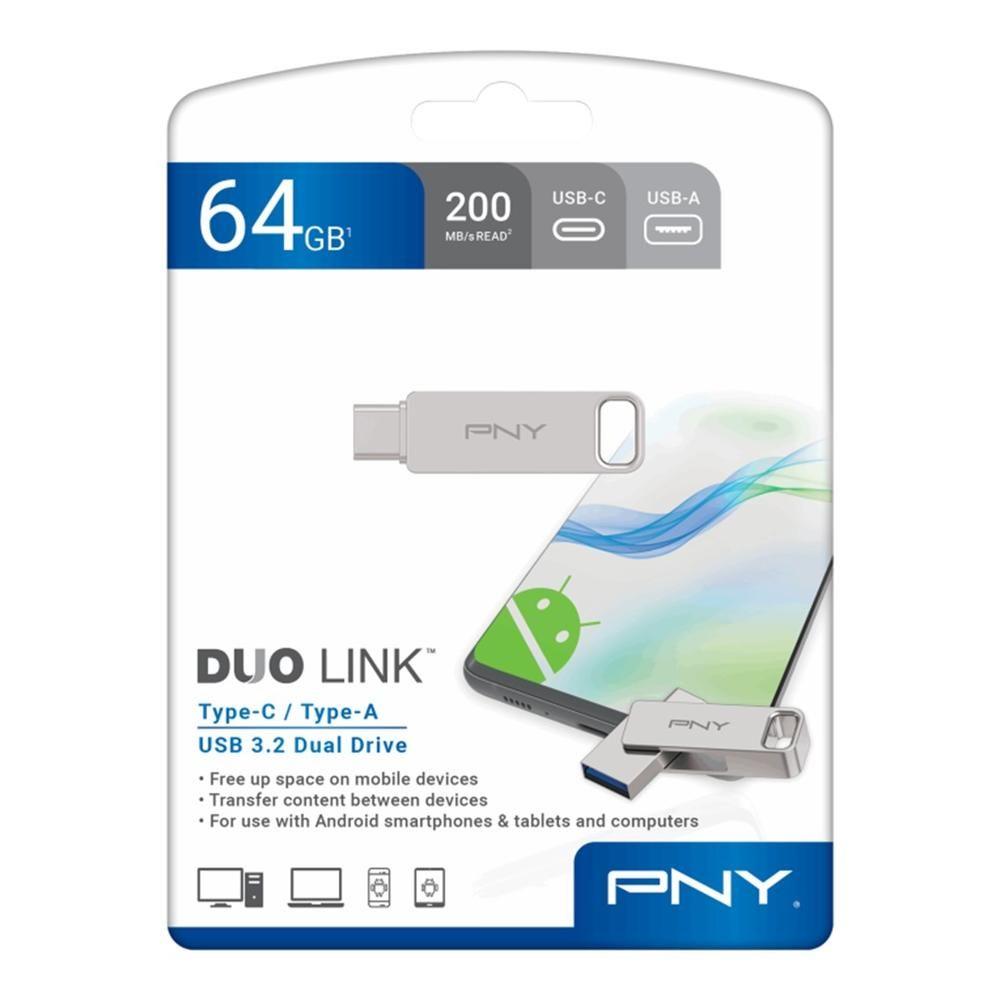 Pen USB PNY Duo Link (64 GB - USB Tipo-A / USB Tipo-C - USB 3.2 Gen 1 - Prateado)